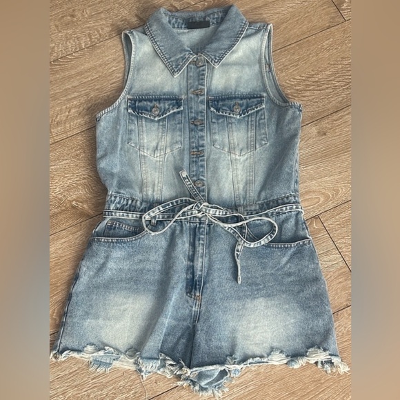 Vince Light Blue Denim Sleeveless Romper with Tie Waist - Picture 9 of 16